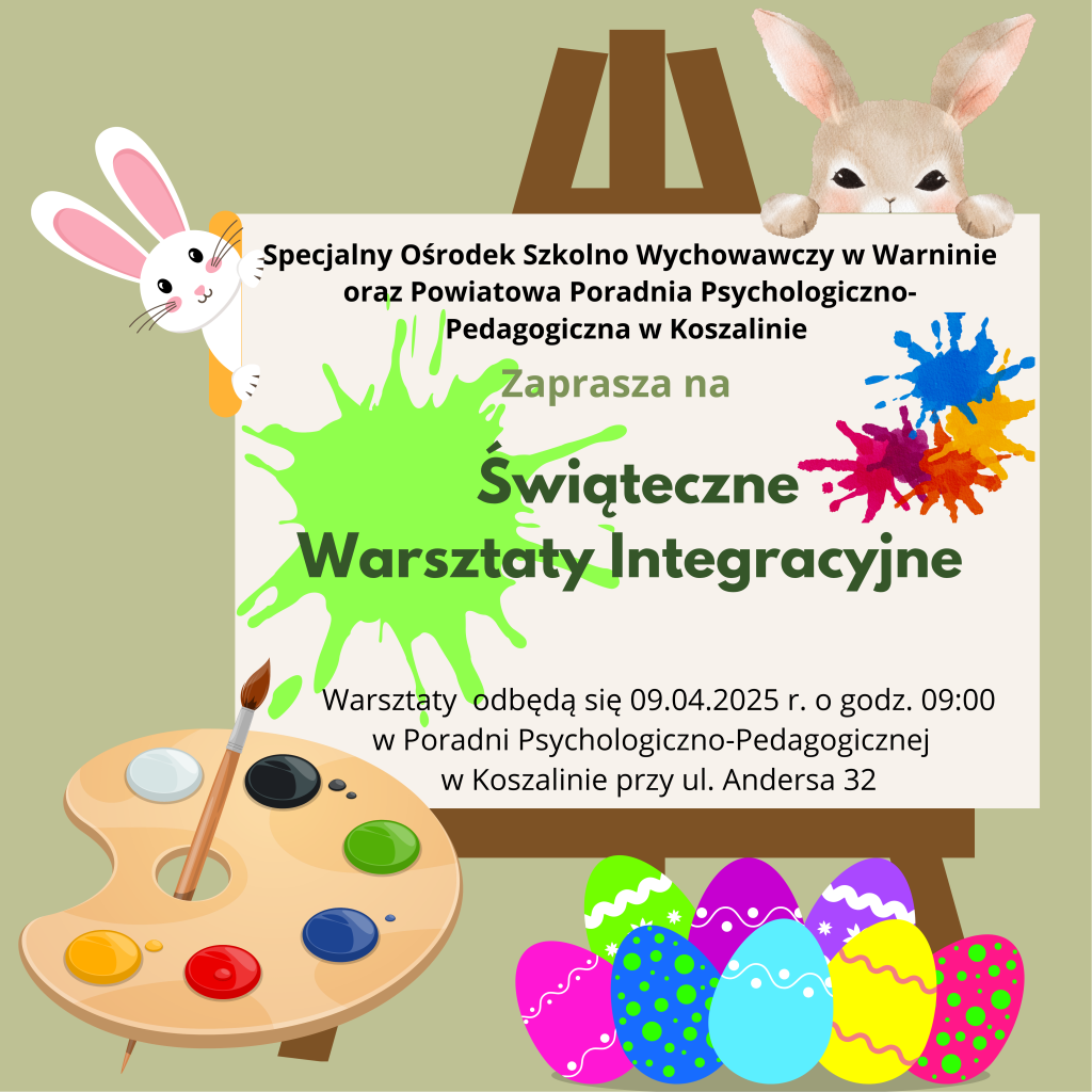 Plakat z zaproszeniem na świąteczne, integracyjne warsztaty plastyczne 9 kwietnia 2025 r