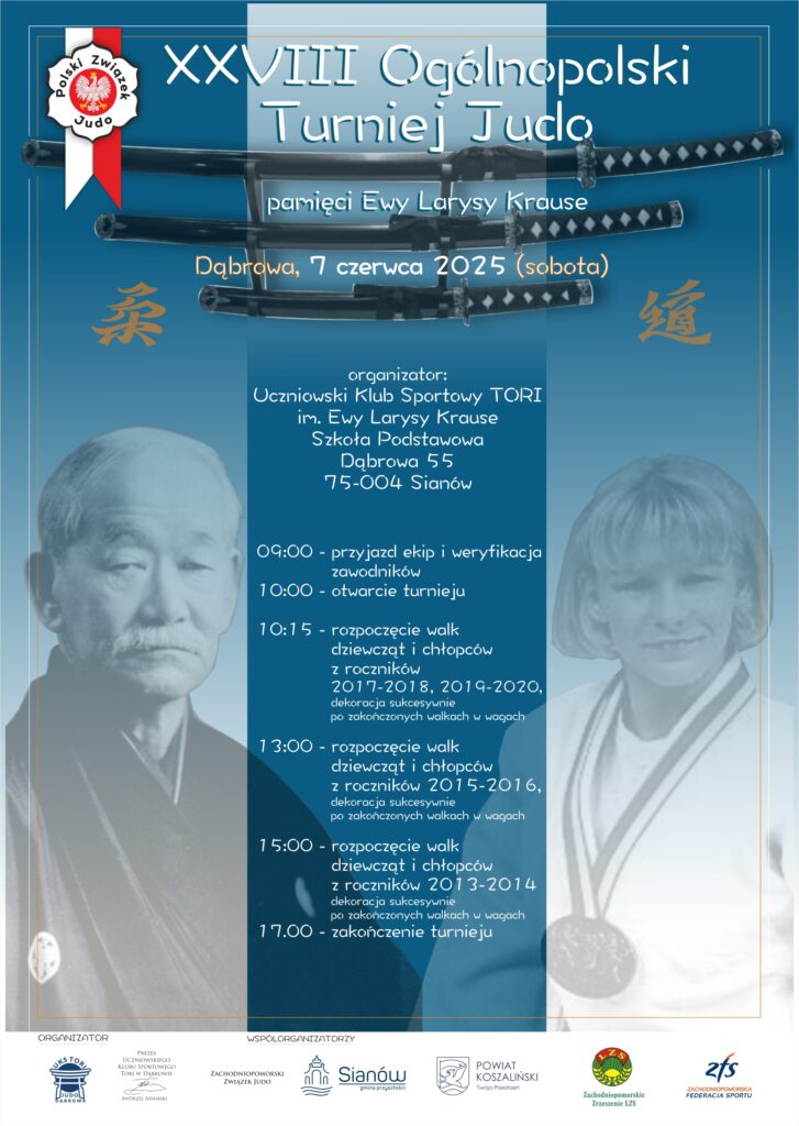 Plakat z zaproszeniem na 28. Ogólnopolski Turniej Judo pamięci Ewy Larysy Krause Dąbrowa 7 czerwca 2025