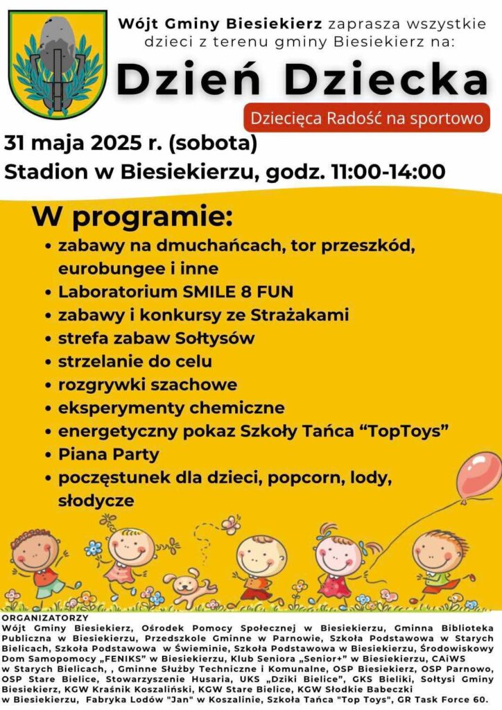 Plakat z zaproszeniem na Dzień Dziecka w Biesiekierzu 31 maja 2025