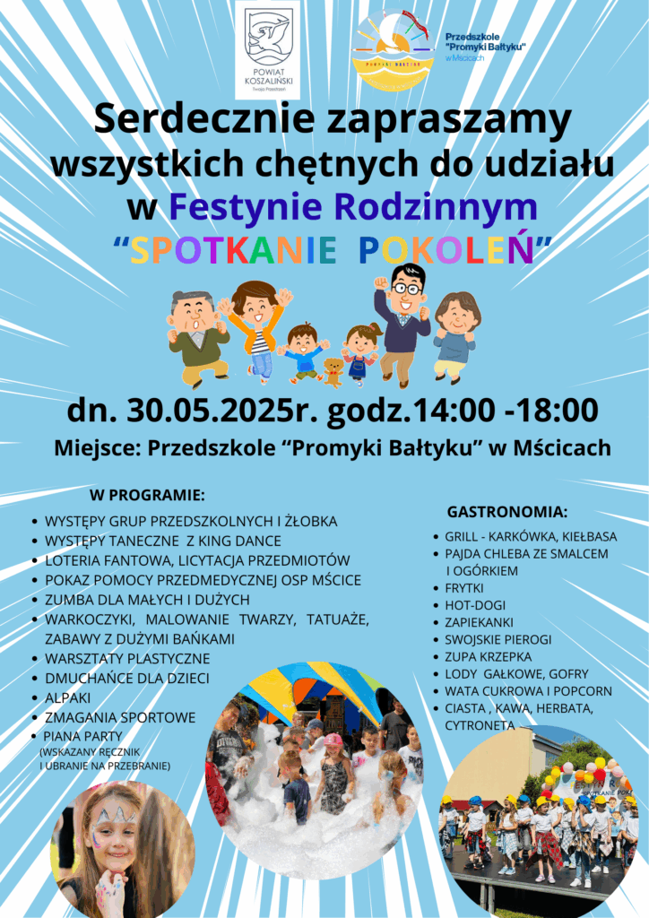 Plakat z zaproszeniem na Festyn Rodzinny Spotkanie Pokoleń w Mścicach 30 maja 2025