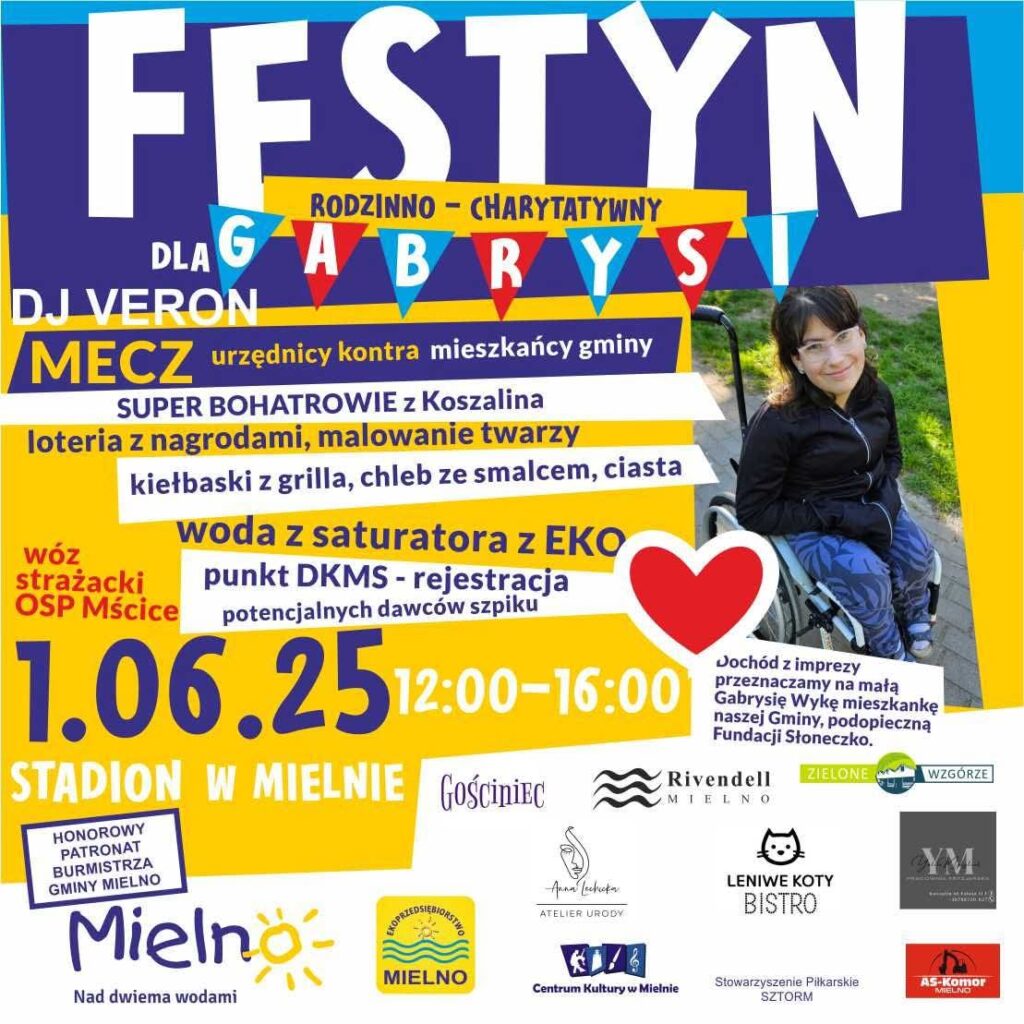 Plakat z zaproszeniem na festyn rodzinno charytatywny w Mielnie 1 czerwca 2025
