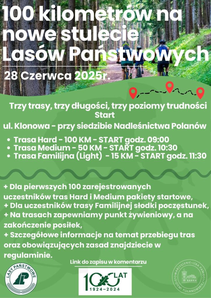 Plakat z zaproszeniem na rajd rowerowy 100 lecie lasów państwowych w Polanowie 28 czerwca 2025
