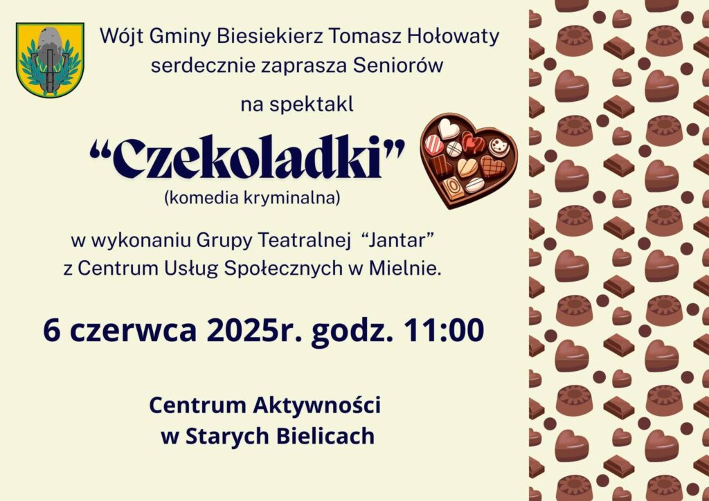 Plakat z zaproszeniem na spektakl dla seniorów w Biesiekierzu 6 czerwca 2025