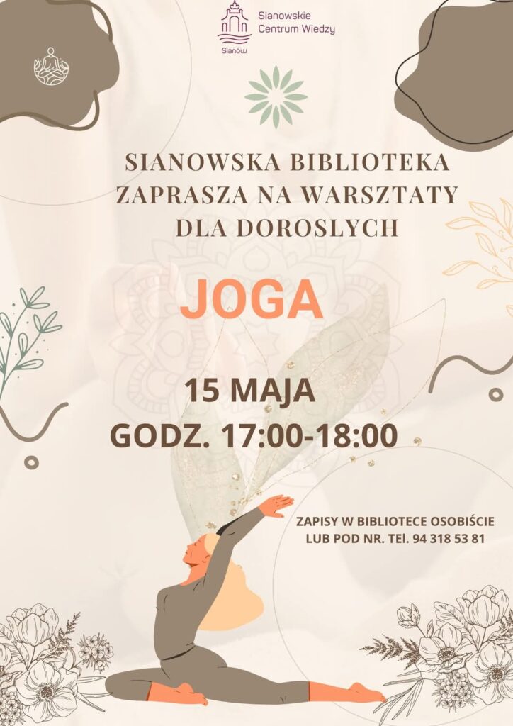 Plakat z zaproszeniem na warsztaty jogi dla dorosłych 15 maja 2025 Sianów