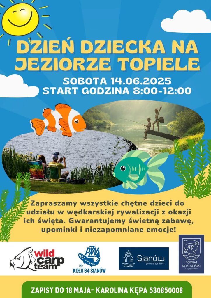Plakat z zaproszeniem na wędkarską rywalizację na Jeziorze Topiele 14 czerwca 2025