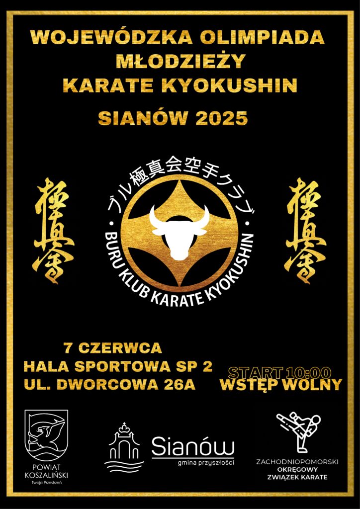 Plakat z zaproszeniem na wydarzenie wojewódzka olimpiada młodzieży karate kyokushin 7 czerwca 2025 Sianów