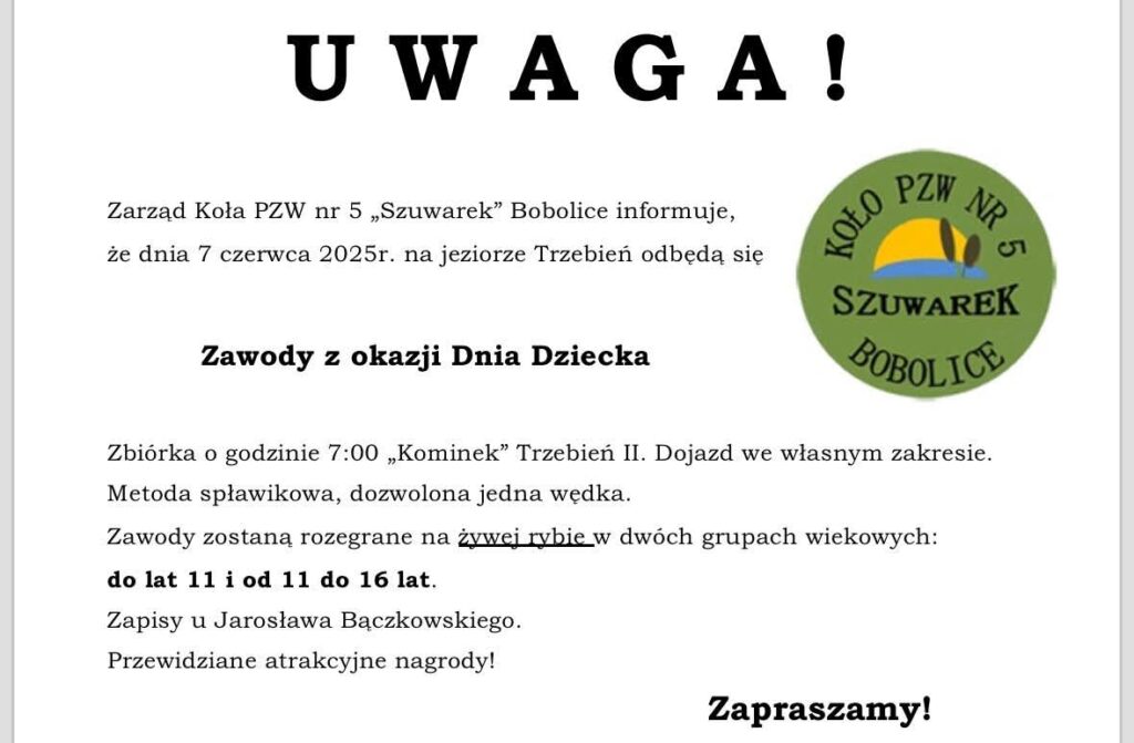 Plakat z zaproszeniem na zawody wędkarskie z okazji Dnia Dziecka Bobolice 7 czerwca 2025