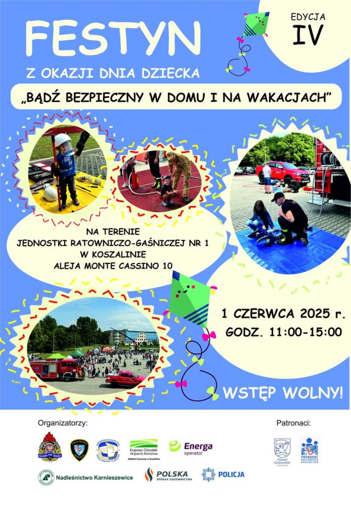 Plakat z zaprszeniem na festyn z okazji Dnia Dziecka w Koszalinie 1 czerwca 2025