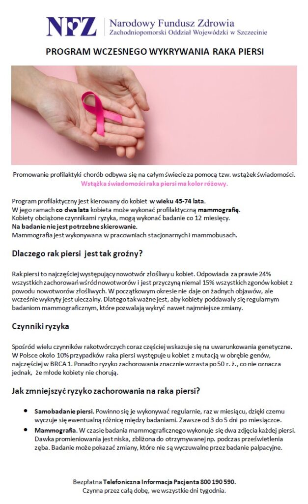 Plakat z informacją o wczesnym wykrywaniu raka piersi