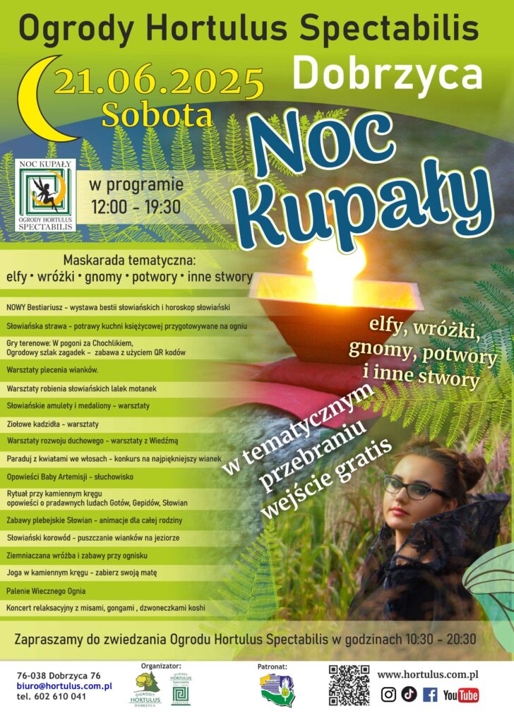 Plakat z zaproszeniem do ogrodów Hortulus Spectabilis w Dobrzycy na Noc Kupały 21 czerwca 2025
