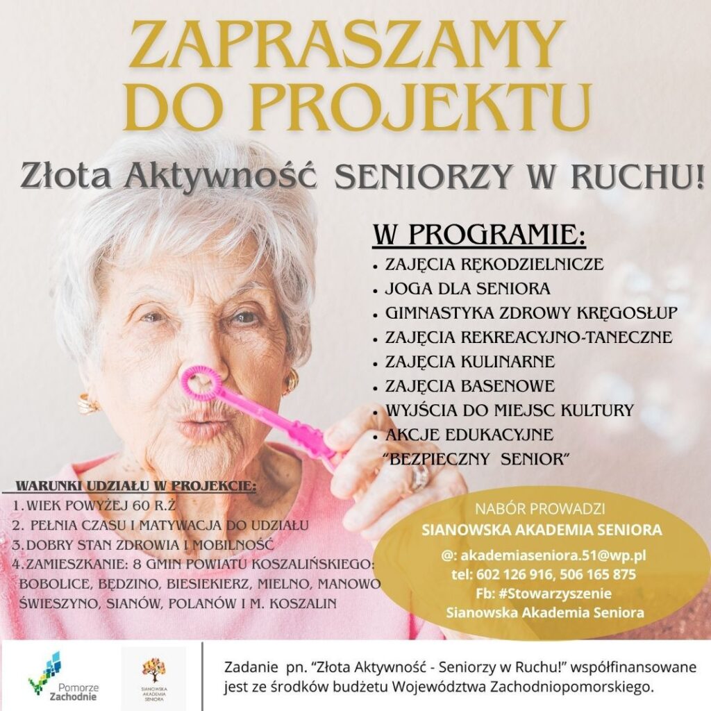Plakat z zaproszeniem do udziału w projekcie Złota Aktywność Seniorzy w Ruchu