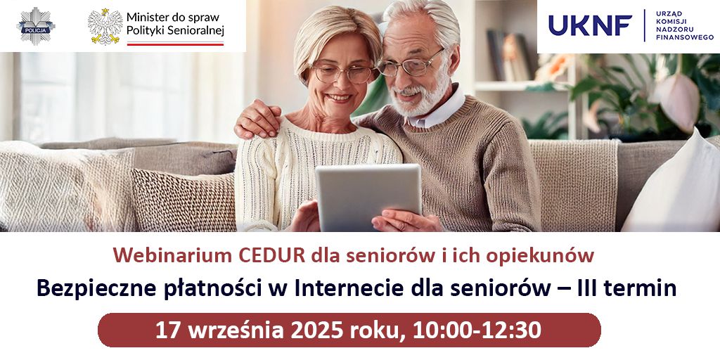 Plakat z zaproszeniem do wzięcia udziału w webinarium dla seniorów 17 września 2025
