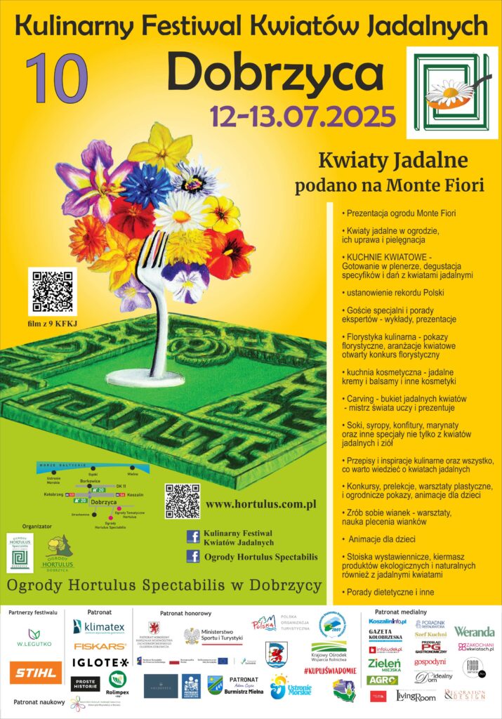 Plakat z zaproszeniem na 10. edycję festiwalu kwiatów jadalnych w Ogrodach Hortulus Spectabilis w Dobrzycy 12 i 13 lipca 2025