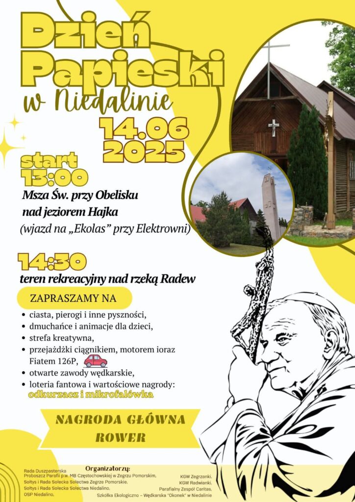 Plakat z zaproszeniem na Dzień Papieski w Niedalinie 14 czerwca 2025
