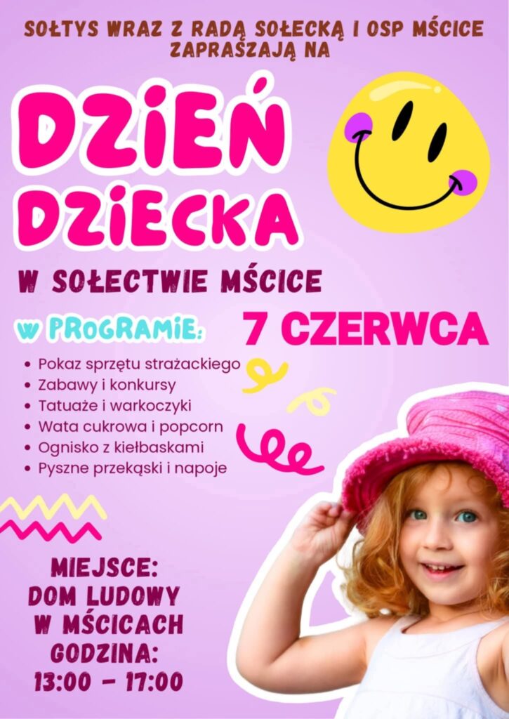 Plakat z zaproszeniem na dzień dziecka w Mścicach 7 czerwca 2025