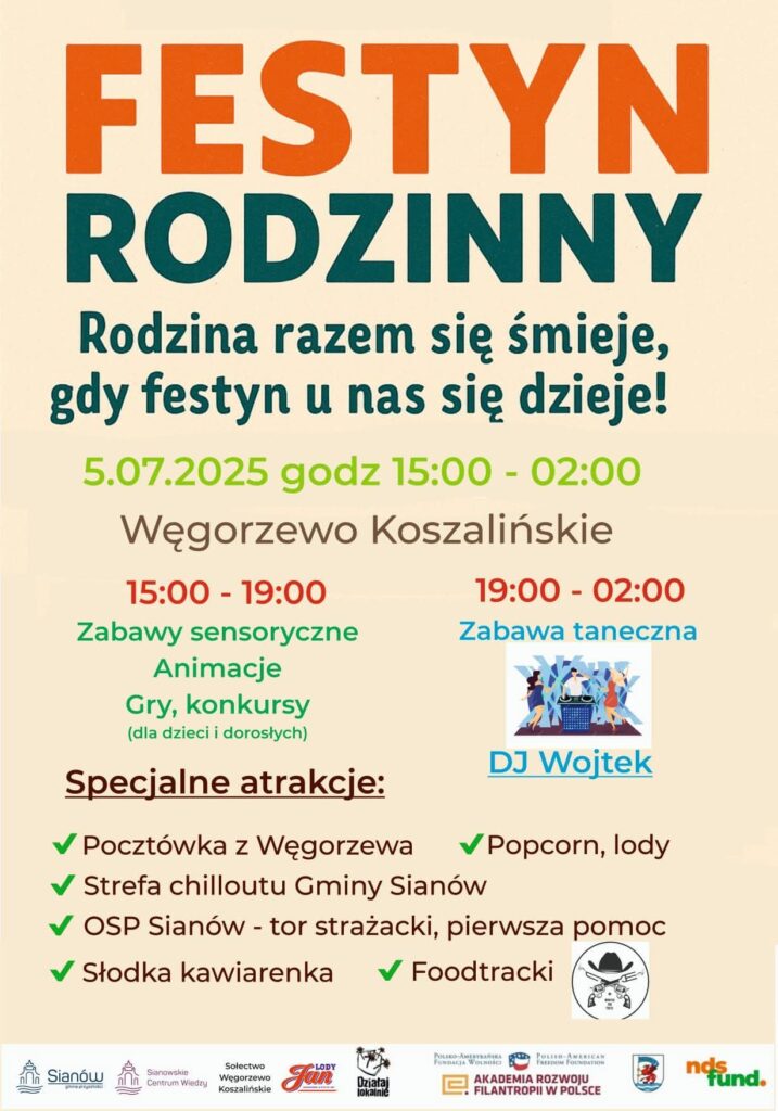 Plakat z zaproszeniem na festyn rodzinny w Węgorzewie Koszalińskim 5 lipca 2025