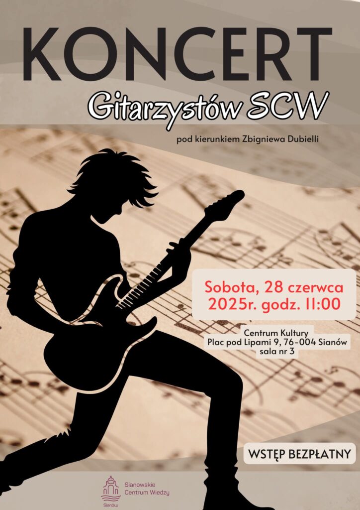 Plakat z zaproszeniem na koncert gitarzystów 28 czerwca 2025 Sianów