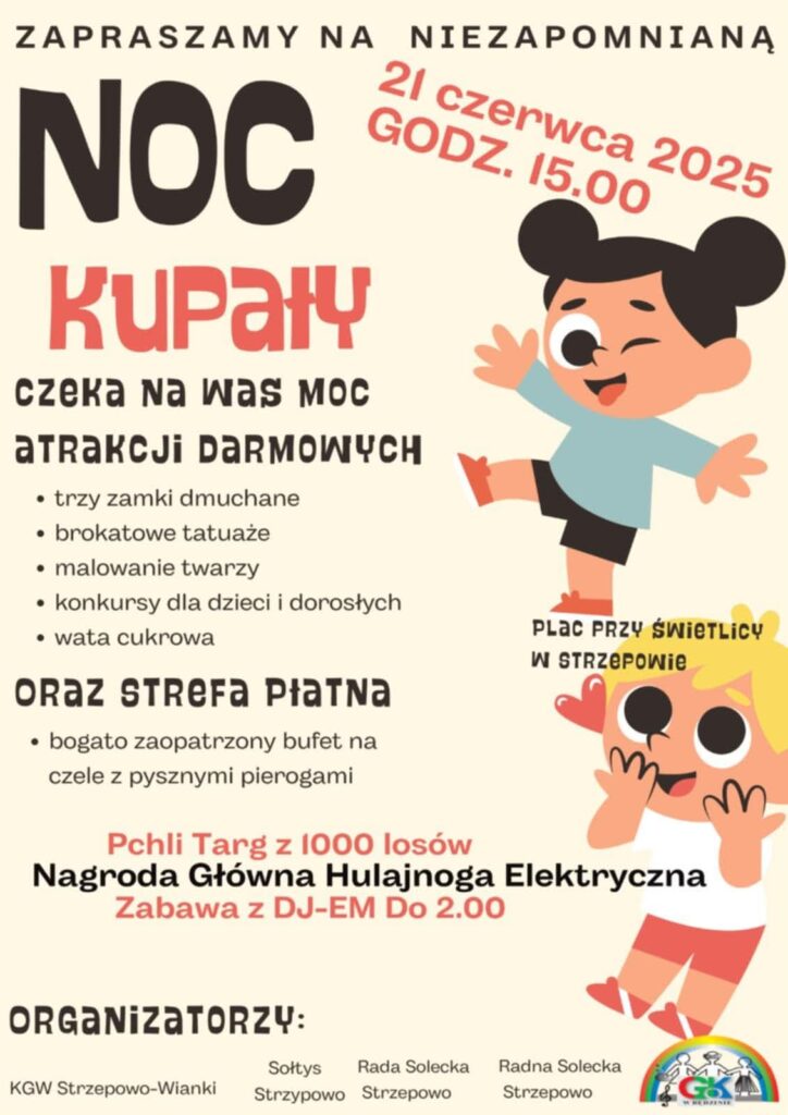 Plakat z zaproszeniem na noc kupały w Strzepowie 21 czerwca 2025