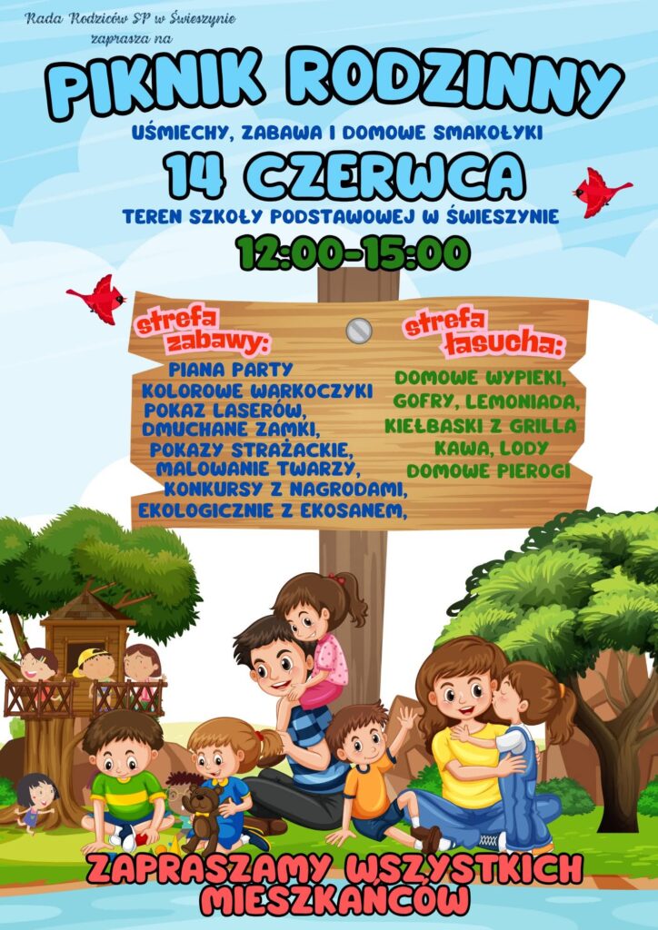 Plakat z zaproszeniem na piknik rodzinny 14 czerwca 2025 r. w Świeszynie