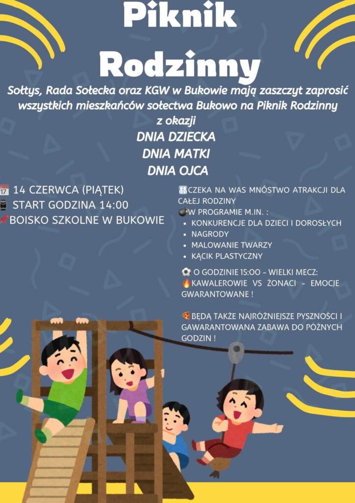 Plakat z zaproszeniem na piknik rodzinny w Bukowie 14 czerwca 2025