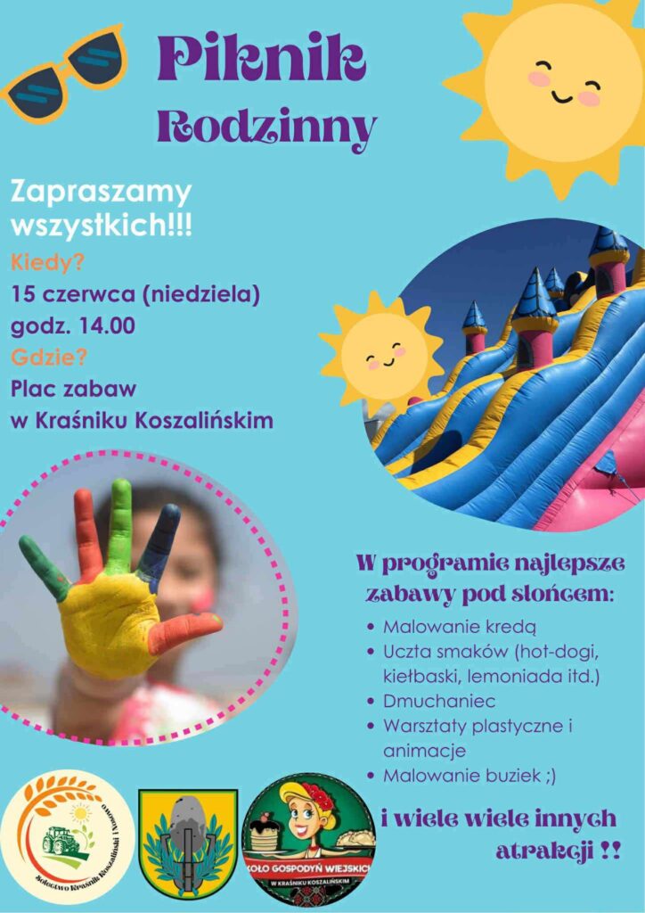 Plakat z zaproszeniem na piknik rodzinny w Kraśniku Koszalińskim 15 czerwca 2025