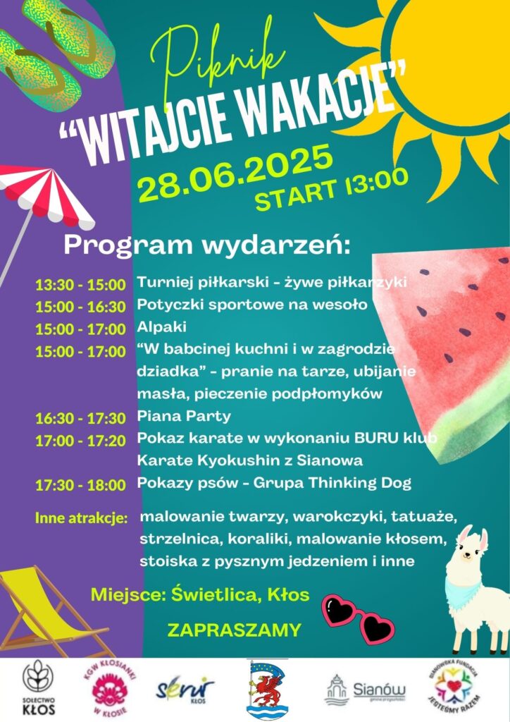 Plakat z zaproszeniem na piknik witajcie wakacje 28 czerwca 2025 w Kłosie