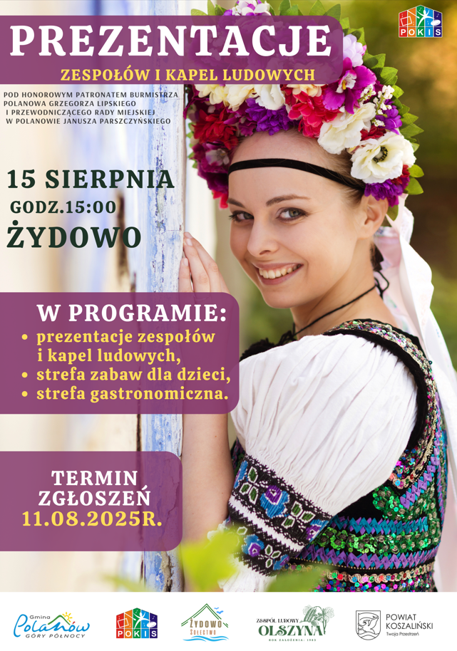 Plakat z zaproszeniem na prezentacje zespołów i kapel ludowych w Żydowie 15 sierpnia 2025