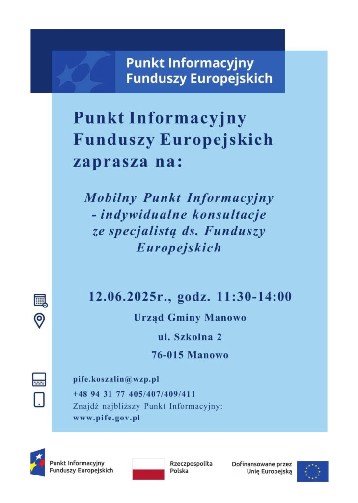 Plakat z zaproszeniem na spotkanie mobilny punkt informacyjny 12 czerwca 2025 Manowo