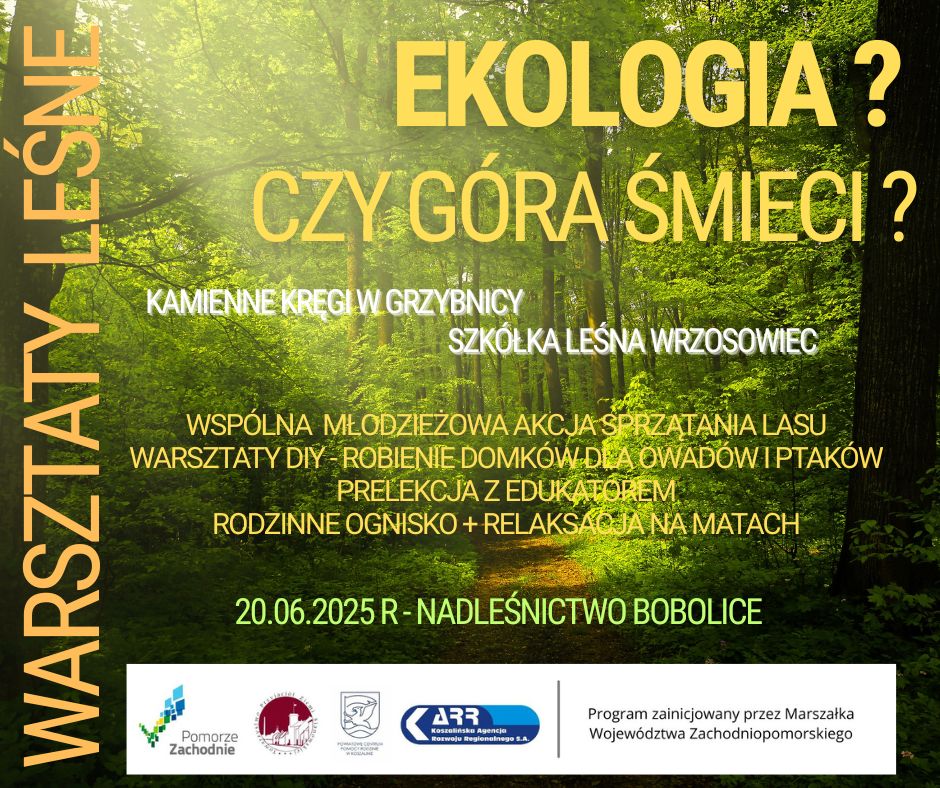 Plakat z zaproszeniem na warsztaty leśne 20 czerwca 2025 Grzybnica i okolice