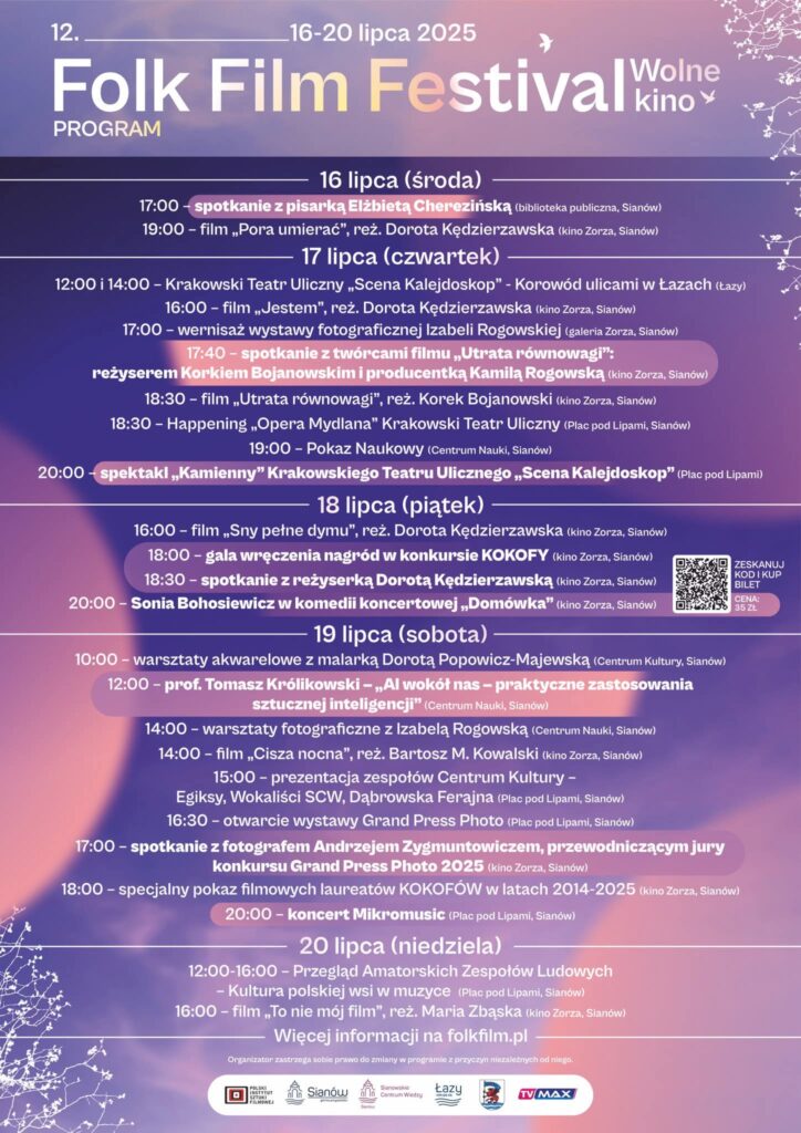 Plakat z informacjami o wydarzeniu Folk Film Festiwal 16 do 20 lipca 2025 w Sianowie
