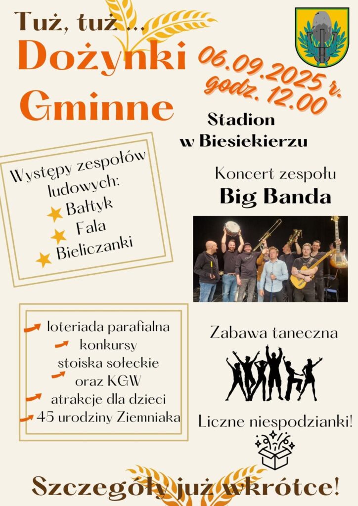 Plakat z zaproszeniem na dożynki gminne w Biesiekierzu 06.09.2025