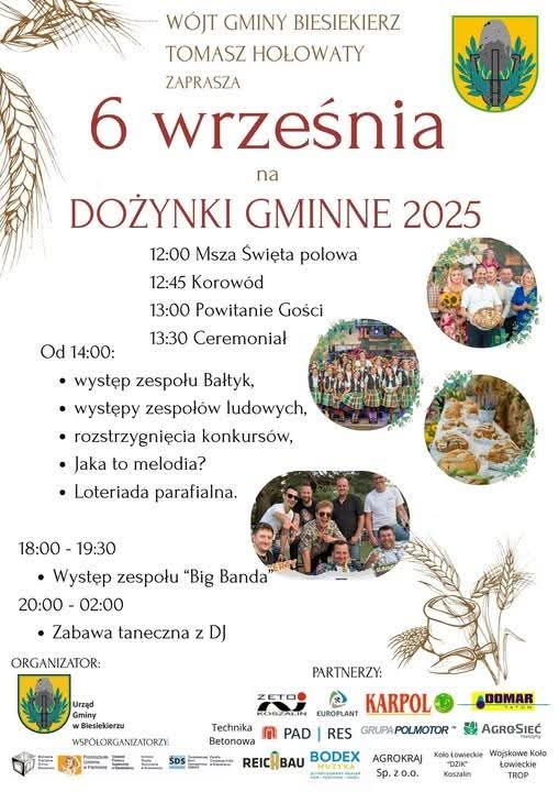 Plakat z zaproszeniem na dożynki gminne w Biesiekierzu 6 września 2025