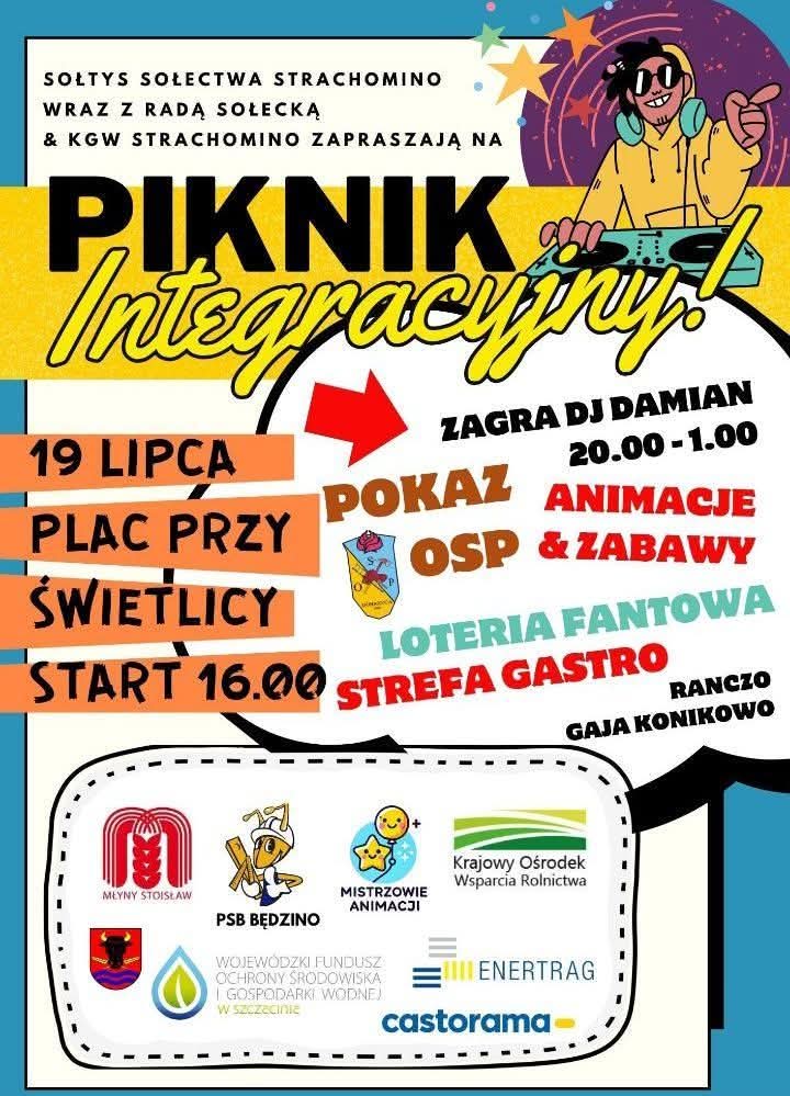 Plakat z zaproszeniem na piknik integracyjny w Strachominie 19 lipca 2025