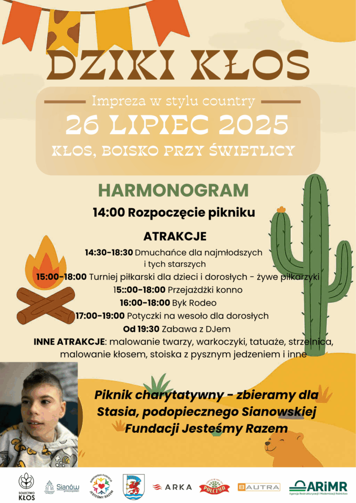 Plakat z zaproszeniem na piknik w stylu country 26 lipca 2025 Kłos