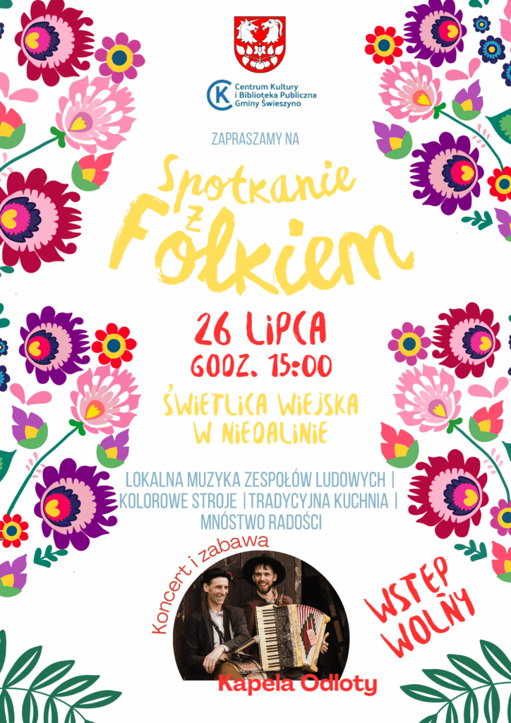 Plakat z zaproszeniem na spotkanie z folkiem 26 lipca 2025 w Niedalinie