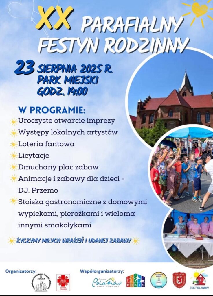 Plakat z zaproszeniem na 20. Parafialny festyn rodzinny w Polanowie 23 sierpnia 2025