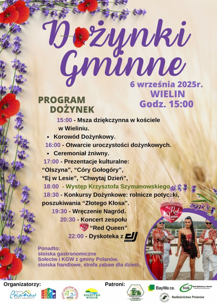 Plakat z zaproszeniem na Dożynki Gminne w Polanowie w miejscowości Wielin 6 września 2025