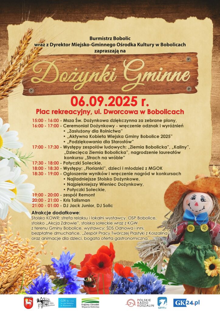Plakat z zaproszeniem na dożynki gminne w Bobolicach 6 września 2025