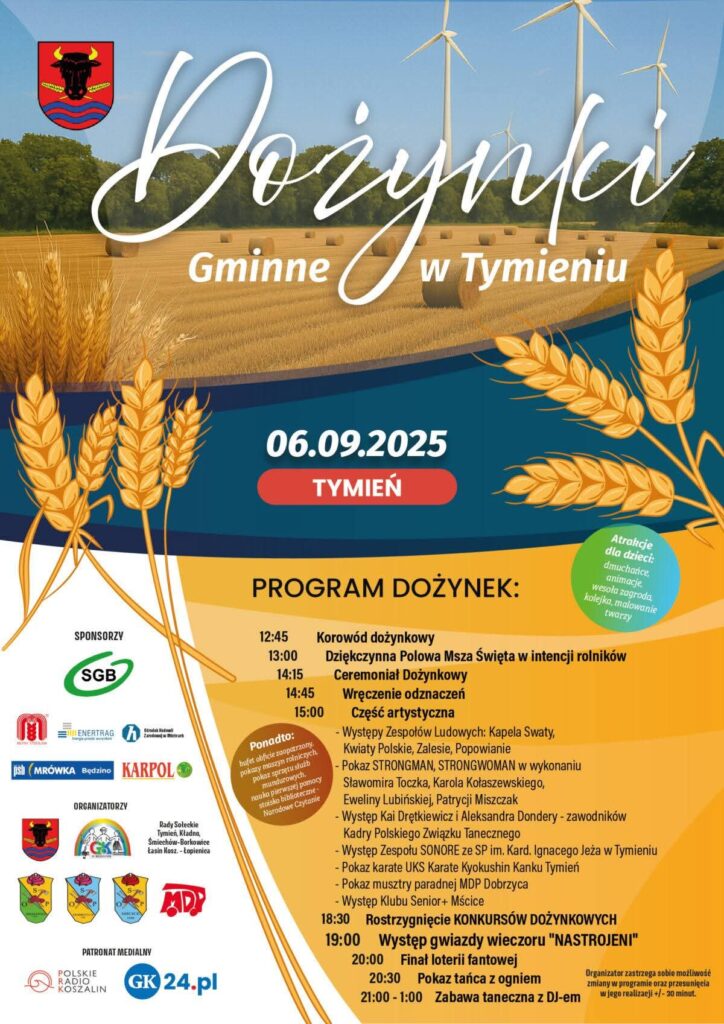 Plakat z zaproszeniem na dożynki gminne w Tymieniu Gmina Będzino 6 września 2025