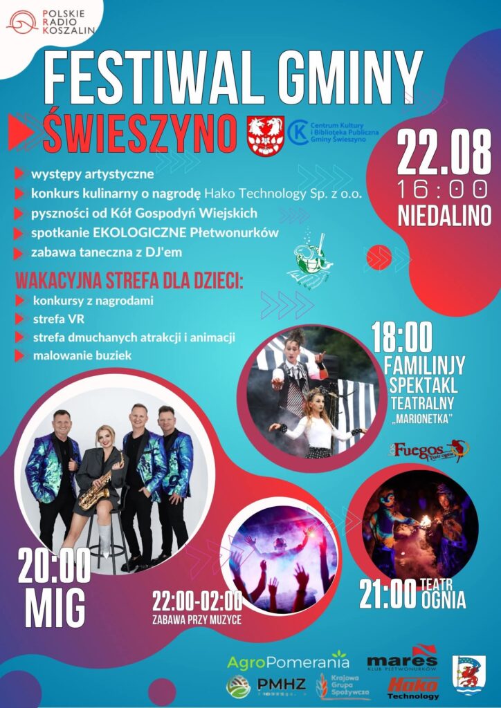 Plakat z zaproszeniem na festiwal gminy Świeszyno 22 sierpnia 2025 w Niedalinie