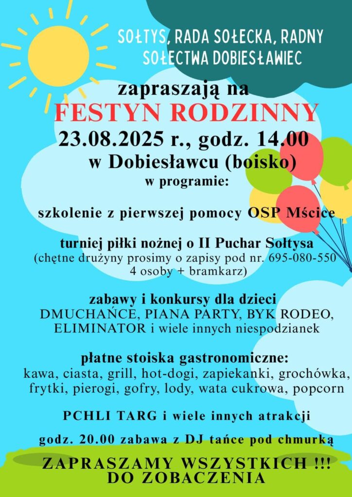 Plakat z zaproszeniem na festyn rodzinny w Dobiesławcu 23 sierpnia 2025
