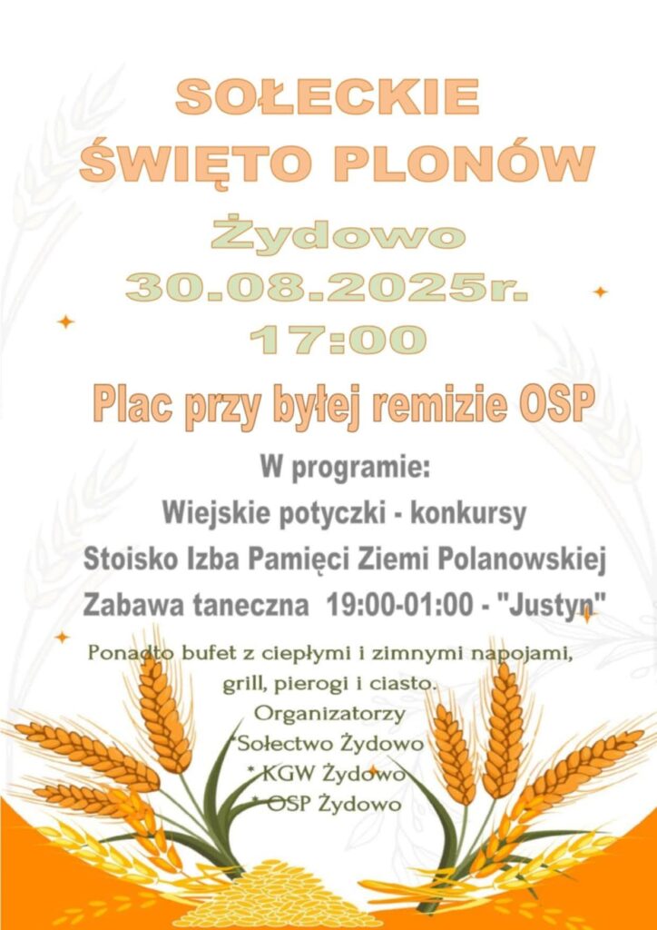 Plakat z zaproszeniem na sołeckie święto plonów Żydowo 30 sierpnia 2025