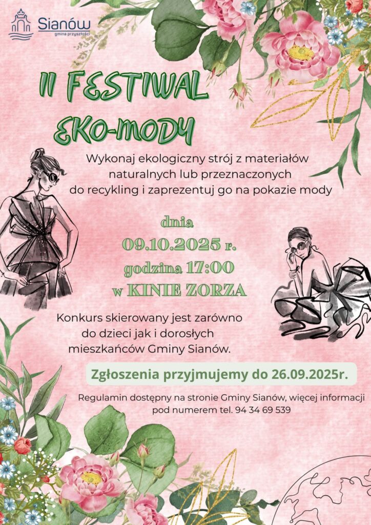 Plakat z zaproszeniem na 2 festiwal eko mody w Sianowie 9 październik 2025