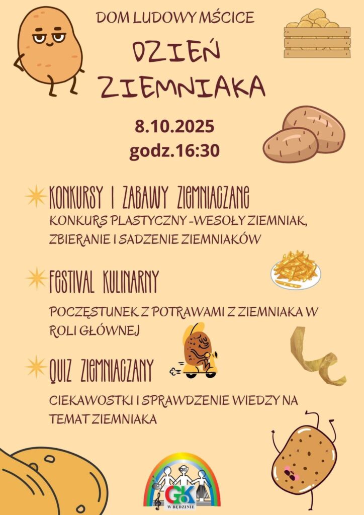 Plakat z zaproszeniem na dzień ziemniaka w Mścicach 8 października 2025