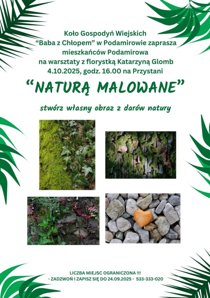 Plakat z zaproszeniem na warsztaty z florystką w Podamirowie 4 października 2025