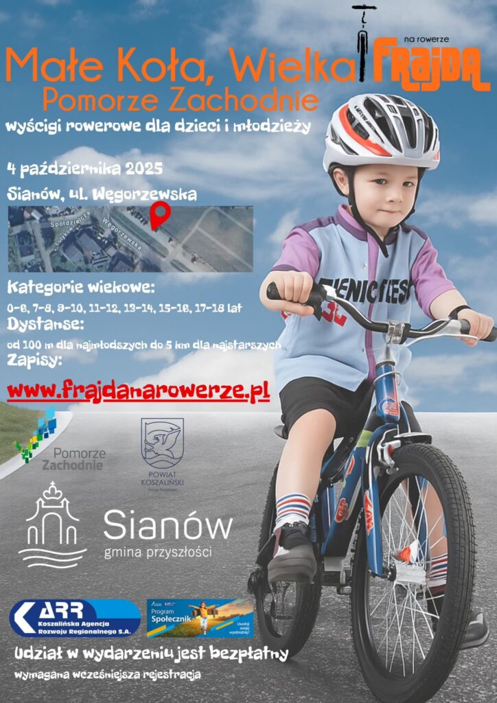 Plakat z zaproszeniem na wyścigi rowerowe w Sianowie 4 październik 2025
