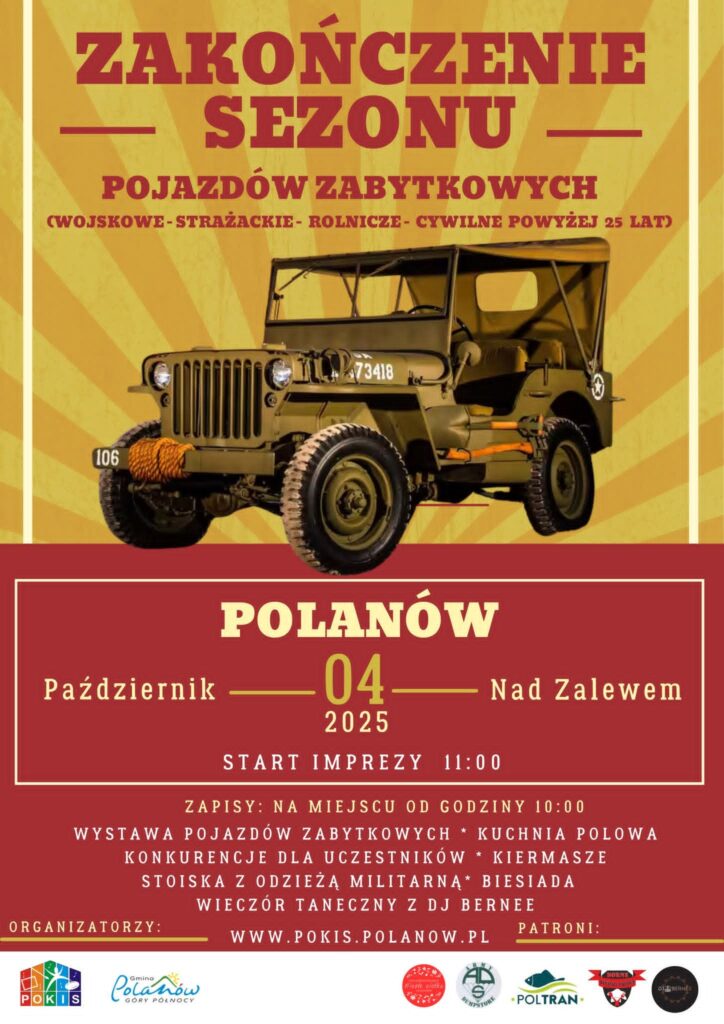 Plakat z zaproszeniem na zakończenie sezonu pojazdów zabytkowych 4 październik 2025 Polanów