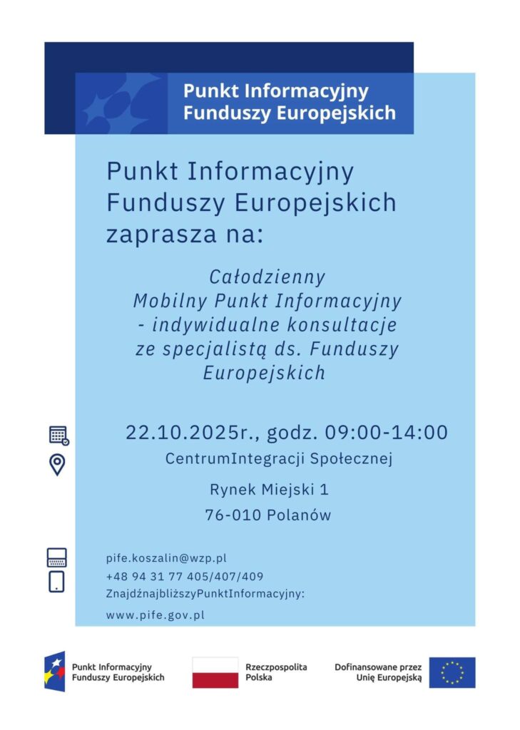 Plakat z zaproszeniem do mobilnego punktu informacji o funduszach europejskich 22 październik 2025 Polanów