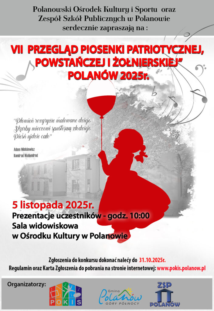 Plakat z zaproszeniem na 7 Przegląd Piosenki Patriotycznej Powstańczej i Żołnierskiej w Polanowie 5 listopada 2025