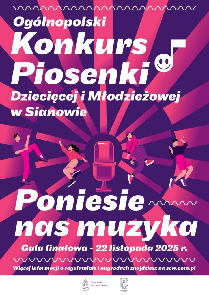Plakat z zaproszeniem na Ogólnopolski Konkurs Piosenki Dziecięcej i Młodzieżowej w Sianowie 22 listopada 2025 r.
